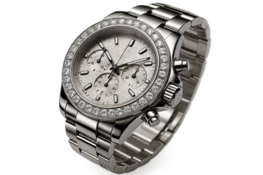 Luxury silver chronograph watch with diamonds isolated on transparent background
