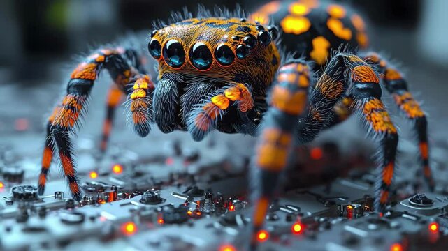 Colorful digital spider exploring a circuit board with glowing lights at a close range