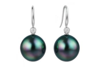 Stunning black pearl earrings with sparkling diamonds on transparent background.