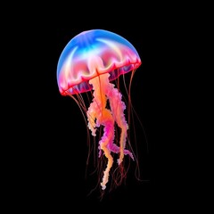Artistic illustration: colorful jellyfish on dark ocean background