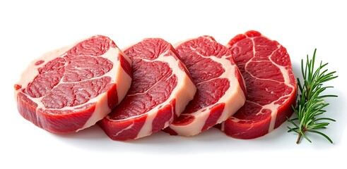 Four thick raw beef steaks with rosemary sprig on white meat food