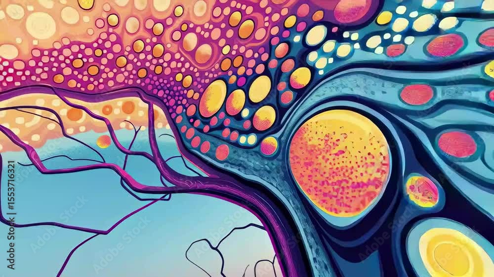 Poster colorful abstract design with swirling patterns and circular shapes creating a vibrant visual experi