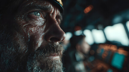 Ship captain on bridge overlooking radar screens and navigation instruments, guiding vessel through congested shipping lanes
