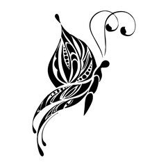 Elegant Butterfly Silhouette: A detailed black and white illustration of a butterfly showcases intricate patterns and delicate lines.