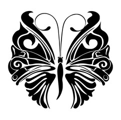 Intricate Butterfly: An elaborate black and white drawing of a butterfly with stylized wings, embodying transformation.