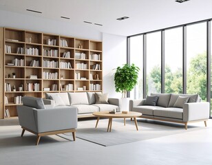 Modern Minimalist Living Room with Wooden Bookshelf and Large Window