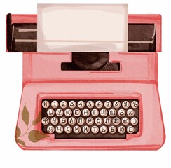 watercolor typewriter illustration pink isolated green leaves