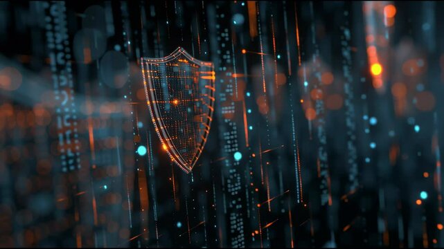 This visualization explores cybersecurity's complexities, featuring dynamic elements and shields to underscore the importance of digital security and defense in today's world