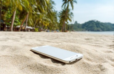 Smartphone on tropical beach sand