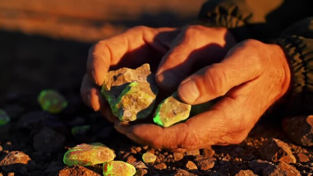 Close-up of a hand holding a green uranium ore rock from a mine site. Ideal for science footage, geology topics, mining visuals, and environmental documentation.