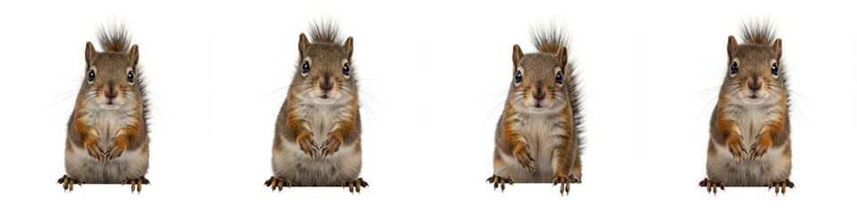 Obraz premium Adorable Squirrel Quartet on White - Four cute squirrels, standing upright, symbolize nature, wildlife, cuteness, spring, and playful energy.