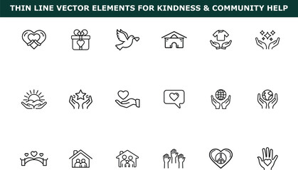Outline vector icons of hearts gifts dove houses hands star globe peace signs community help