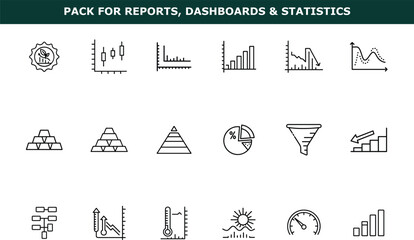 Line icons of charts graphs diagrams and financial data elements for business reports and dashboards