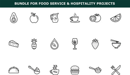 Line art food icons including avocado apple coffee tomato orange slice pineapple cheese wine glass
