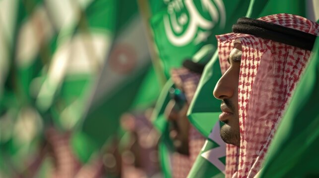 Saudi National Day celebration, portrait of an adult Saudi man in traditional thaub and kufiya attire, street parade, copy space, free space for text