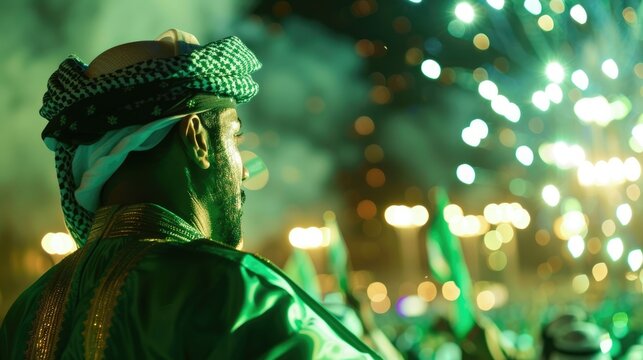 Saudi National Day celebration, an adult Saudi man in traditional thaub and kufiya attire, evening street parade, bright exploding fireworks, copy space, free space for text