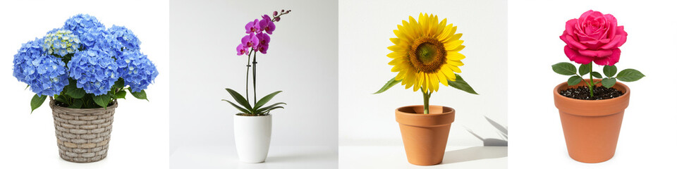 Blooming Potted Flowers Collection - Four vibrant potted flowers: hydrangea, orchid, sunflower, and rose, in various pots, showcasing their beauty