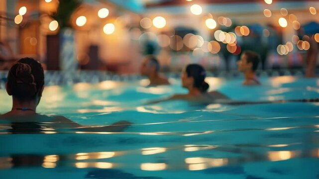 Defocused scene of a vibrant indoor pool party where people are enjoying a refreshing dip.