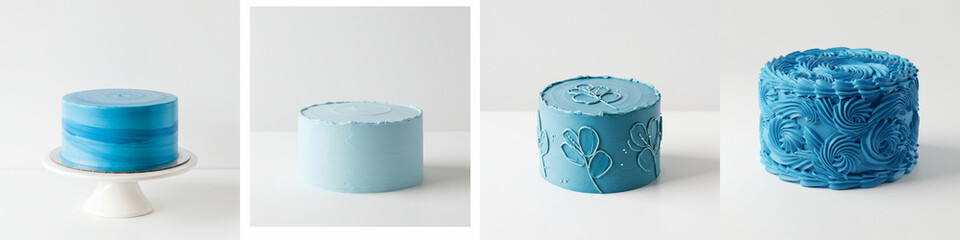 Blue Cakes: A Trio of Frosting Designs - Three small round cakes showcasing different blue frosting techniques: marble, textured, and embossed floral. Perfect for bakery displays or dessert tables