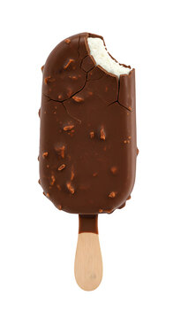 Delicious chocolate covered ice cream bar on a wooden stick featuring bite marks and cracks for tempting treats isolated on white or transparent background. PNG