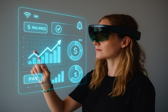 Woman using augmented reality for finance data visualization

