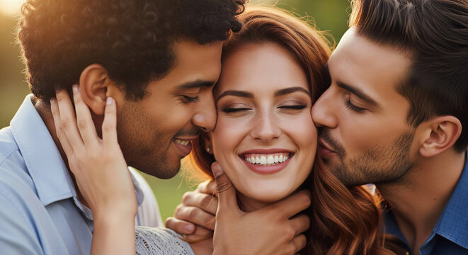 Swinger threesome love concept. One charming woman and two men in love kiss and caress the woman. Polygamy or bigamy. Swingers, bisexuality