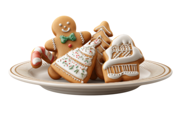 PNG Festive gingerbread cookies on plate - holiday treats and decorations