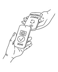 Two hands holding smartphones during wireless payment. Concept of contactless transaction, mobile payment, and modern financial technology