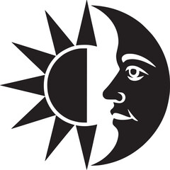 Sun and moon face illustration vector design, celestial astrology graphic, day and night concept art on transparent background silhouette