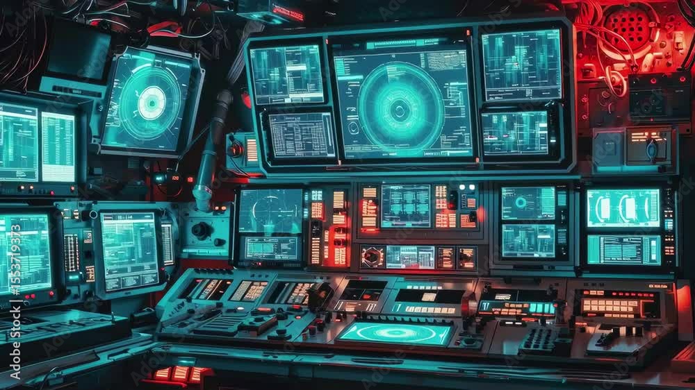 Poster high-tech monitoring room with multiple screens and control panels in a futuristic setting