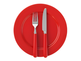 3D Plate, Knife, and Fork Icon – Cartoon Plastic Style Cutlery Symbol, Isolated on White

