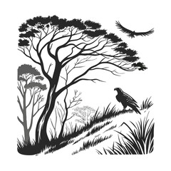 Monochrome Nature Scene: Trees, Eagle, and Grass - A Vector Illustration