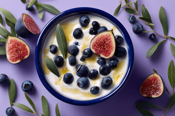 top view of a bowl of yogurt with blueberries figs honey and green leaves on a purple background fresh healthy breakfast with colorful ingredients and natural organic textures