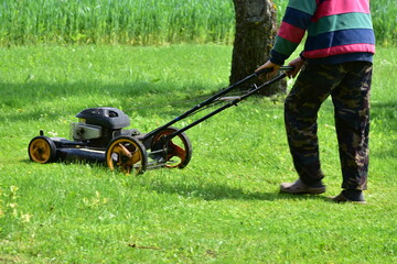 Person mowing green lawn with an old gasoline push mower. Only lower body visible. Summer outdoor...