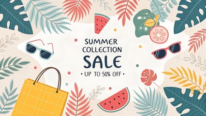 summer holiday background with palm trees, bag, watermelon, and glasses