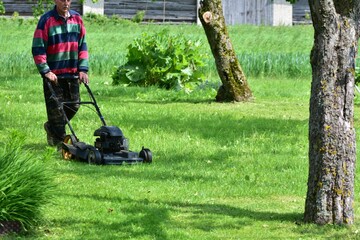 Person mowing green lawn with an old gasoline push mower. Summer outdoor garden work, casual...