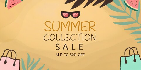 Summer Collection Sale, up to 50% off, brown background, leaves and glasses