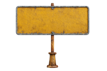 PNG Blank rectangular yellow metal sign on rusty post with black background