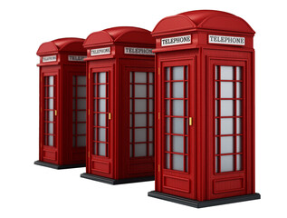 Red British phone booths on transparent background. 3D illustration