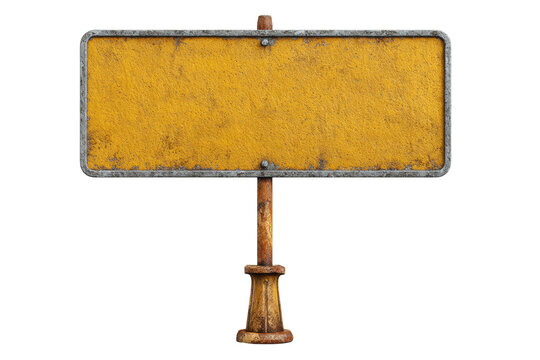 PNG Blank rectangular yellow metal sign on rusty post with black background