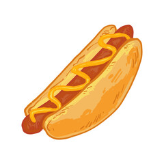 Hand-drawn hot dog with a grilled sausage in a bun, topped with mustard. Bright and colorful fast food illustration.