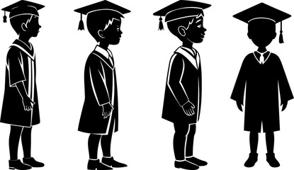 Four silhouettes of children celebrating graduation wearing graduation gowns and caps