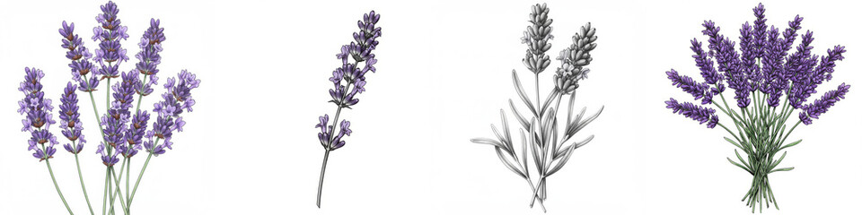 Naklejka premium Lavender Botanical Illustrations Set - A collection of four lavender illustrations, showcasing different artistic styles and arrangements. Symbolizing purity, serenity, calmness, fragrance, and nature