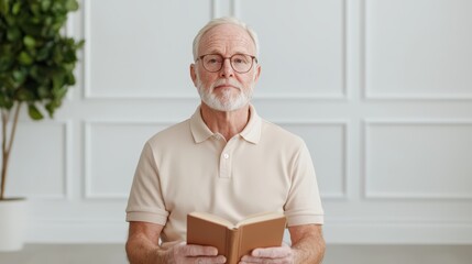 Elderly Man with Glasses Holding a Book in a Bright and Minimalistic Room