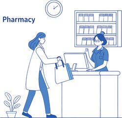 Clean Modern Pharmacy Scene with Pharmacist Giving Prescription to Customer