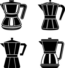 Variety of Moka pots or stovetop espresso makers, black and white design