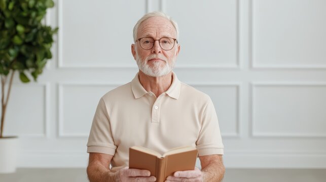 Elderly Man with Glasses Holding a Book in a Bright and Minimalistic Room