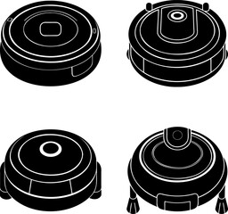 Four different styles of robotic vacuum cleaners shown in black and white