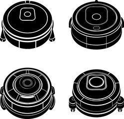 Four robot vacuum cleaners in a black and white vector illustration