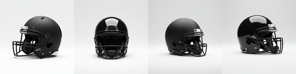 Matte Black Football Helmet Views - Four views of a matte black football helmet, showcasing its design and details. Sport, protection, safety, competition, victory